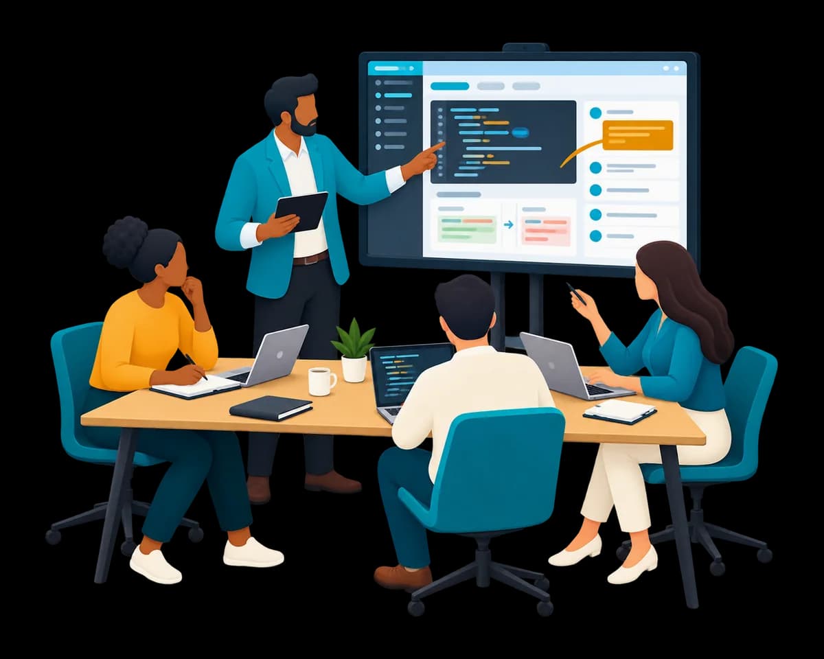 An illustration of a team around a table while an engineer walks them through code on a screen.