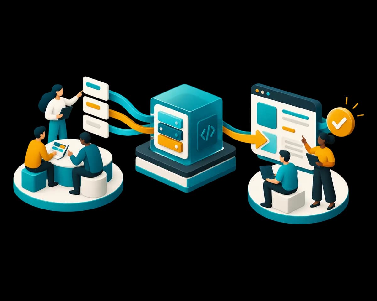 An illustration of a partner team delivering a running system to a client.