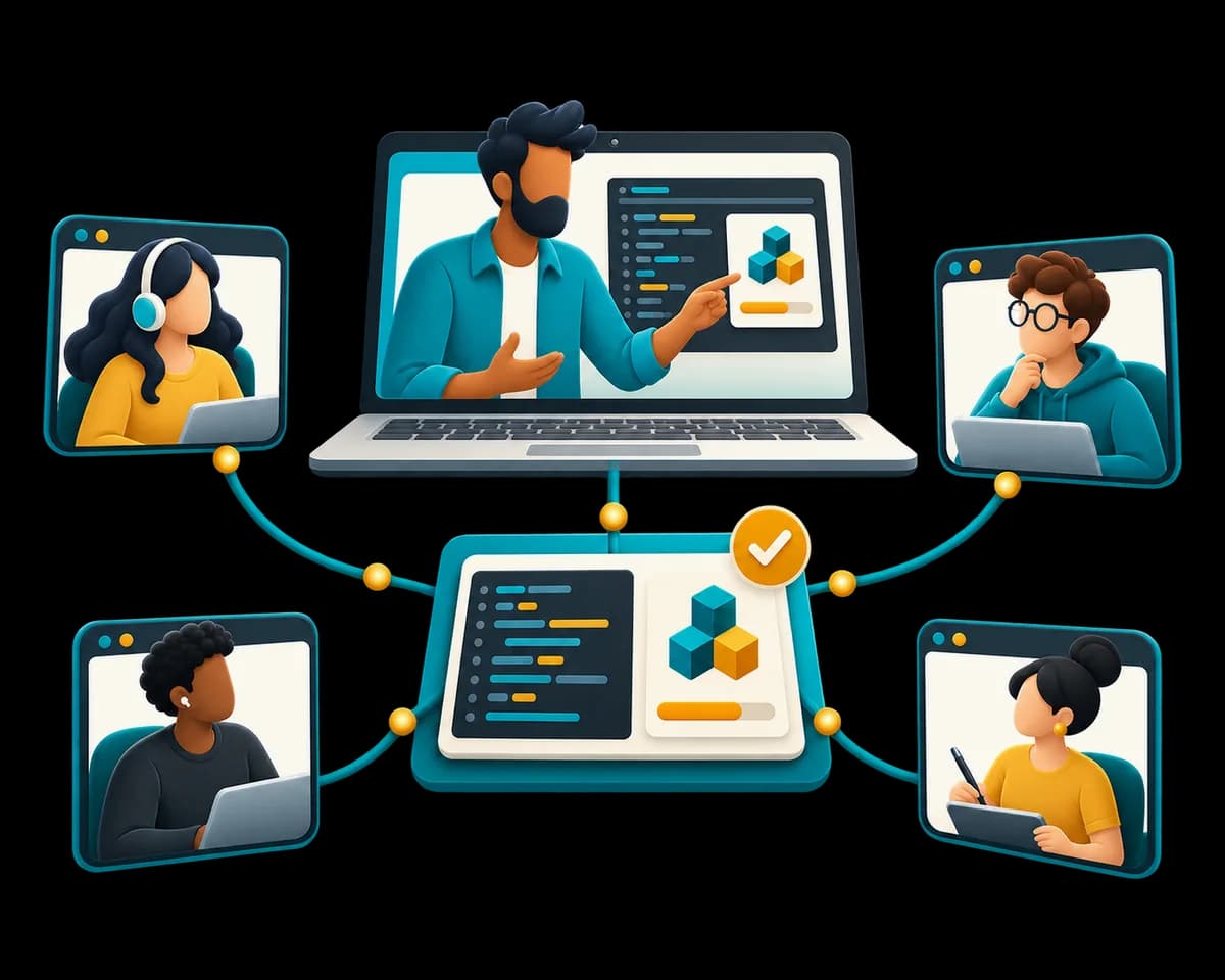 An illustration of a live online class in progress, with a small group of learners and a shared screen.