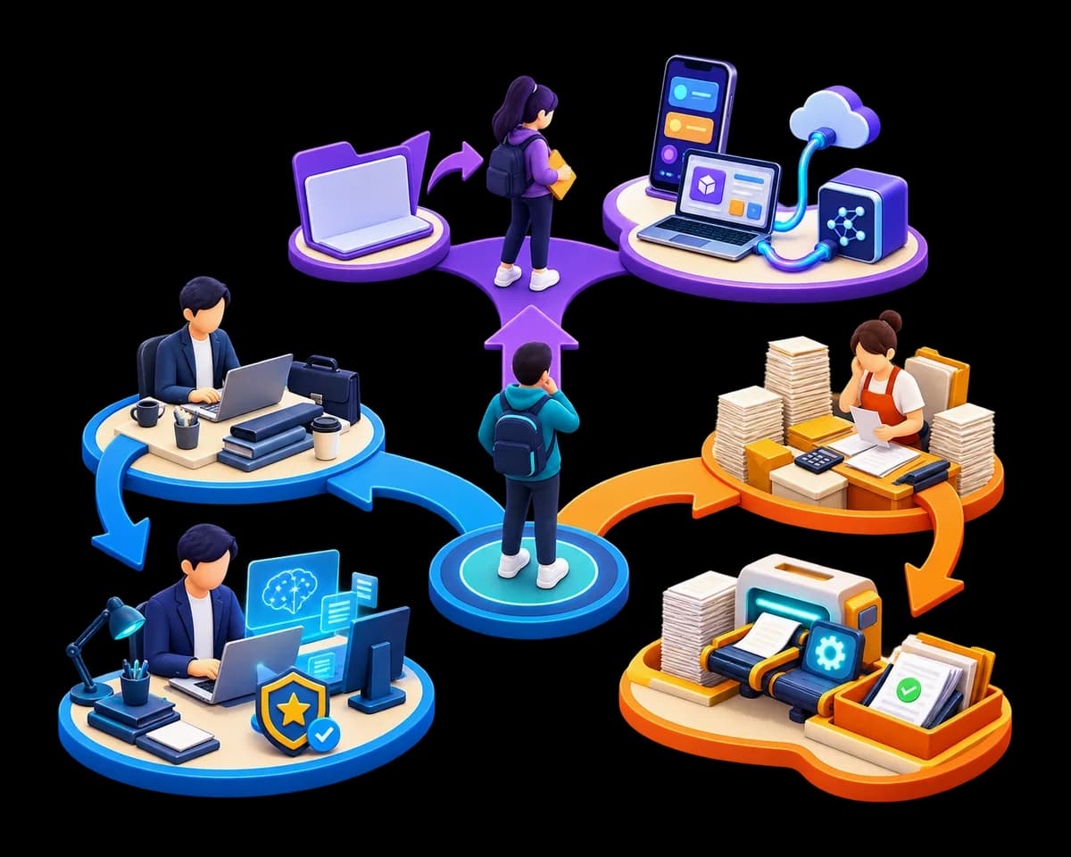 An illustration of three different visitors taking three different paths.