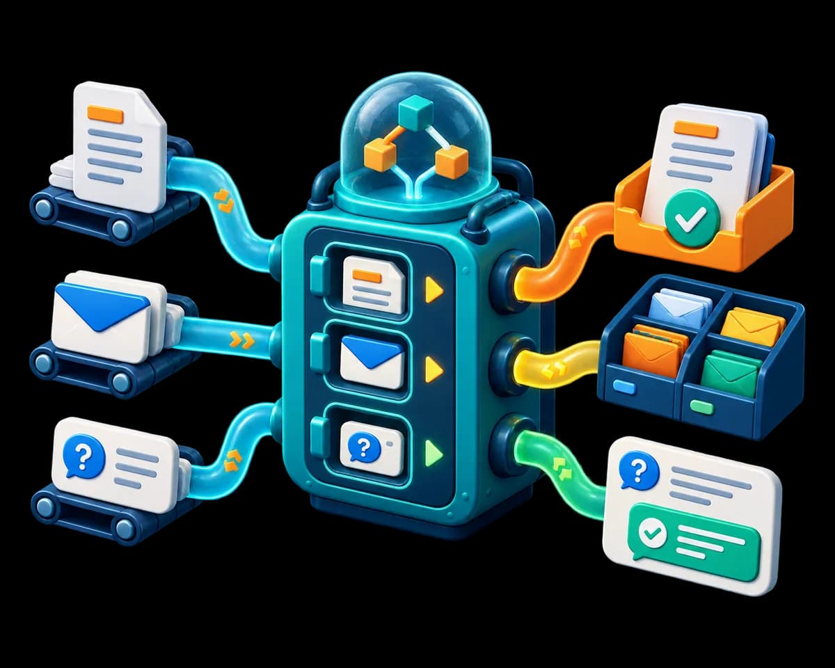 An illustration of a repeated manual job being taken over by an automated step, with a person approving the result.