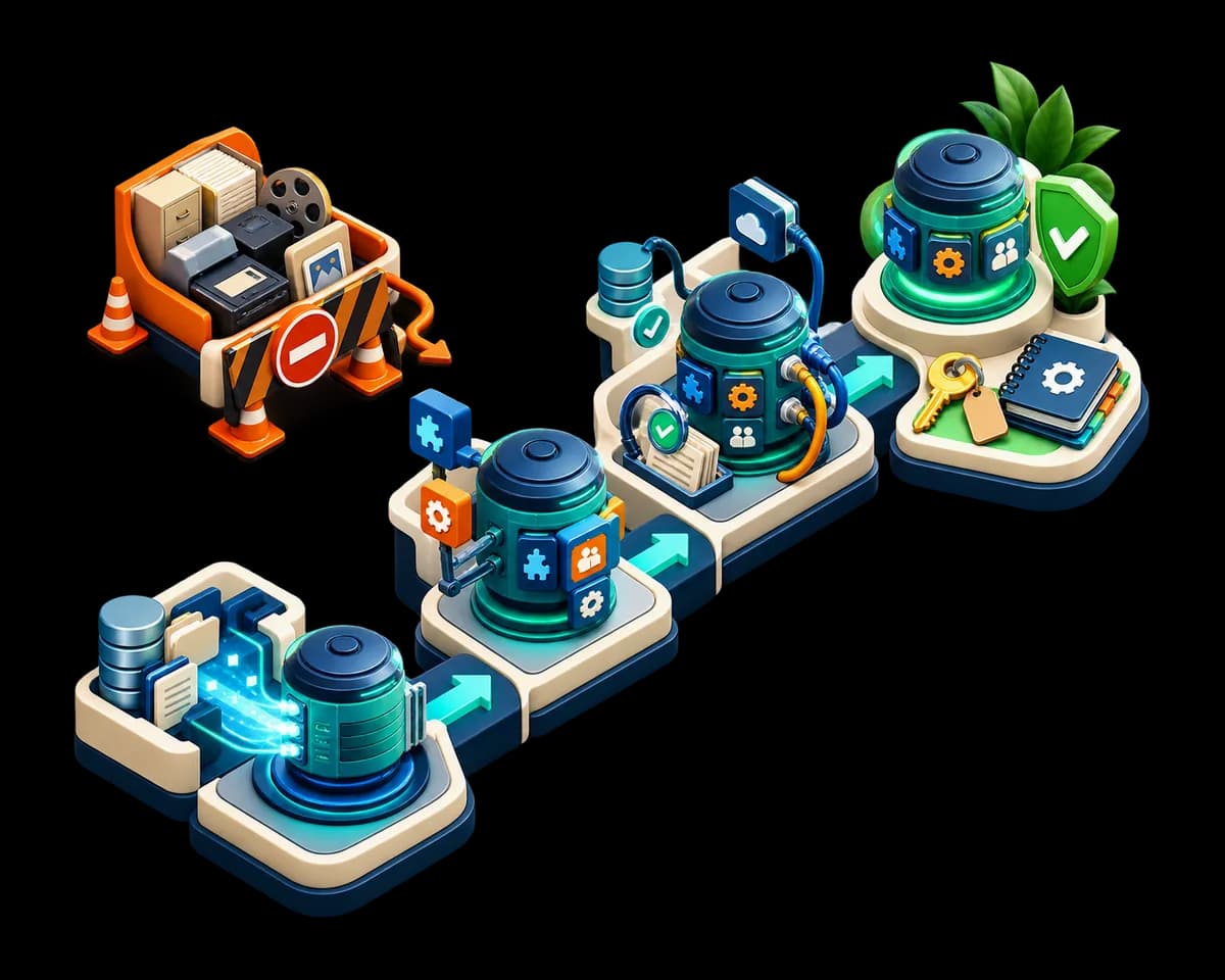 An illustration of a build moving through four stages from scoping to a running system.