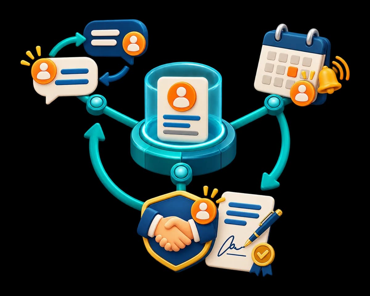 An illustration of a sales pipeline, with deals moving between stages and follow-ups scheduled.