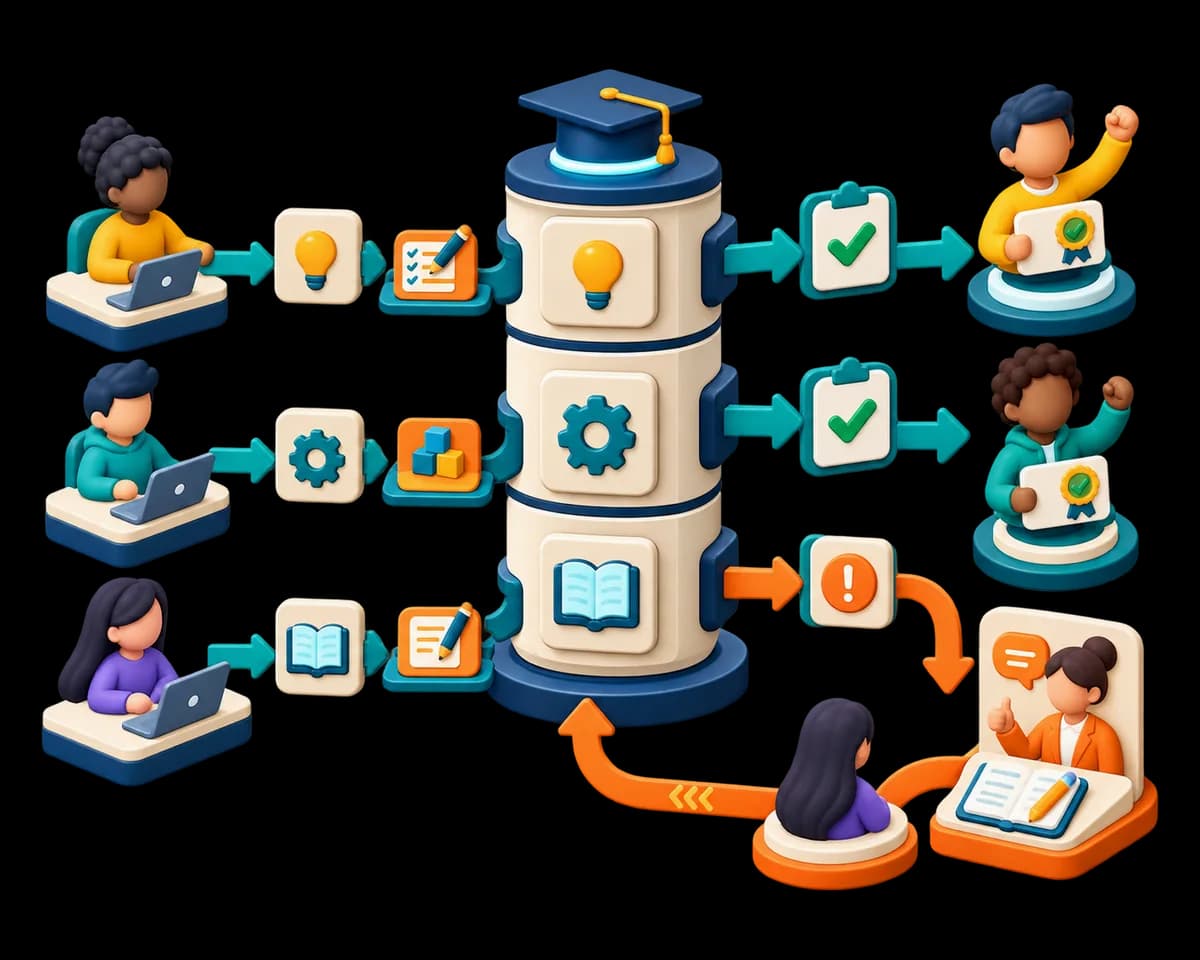 An illustration of a course being delivered, with progress tracked against each learner.