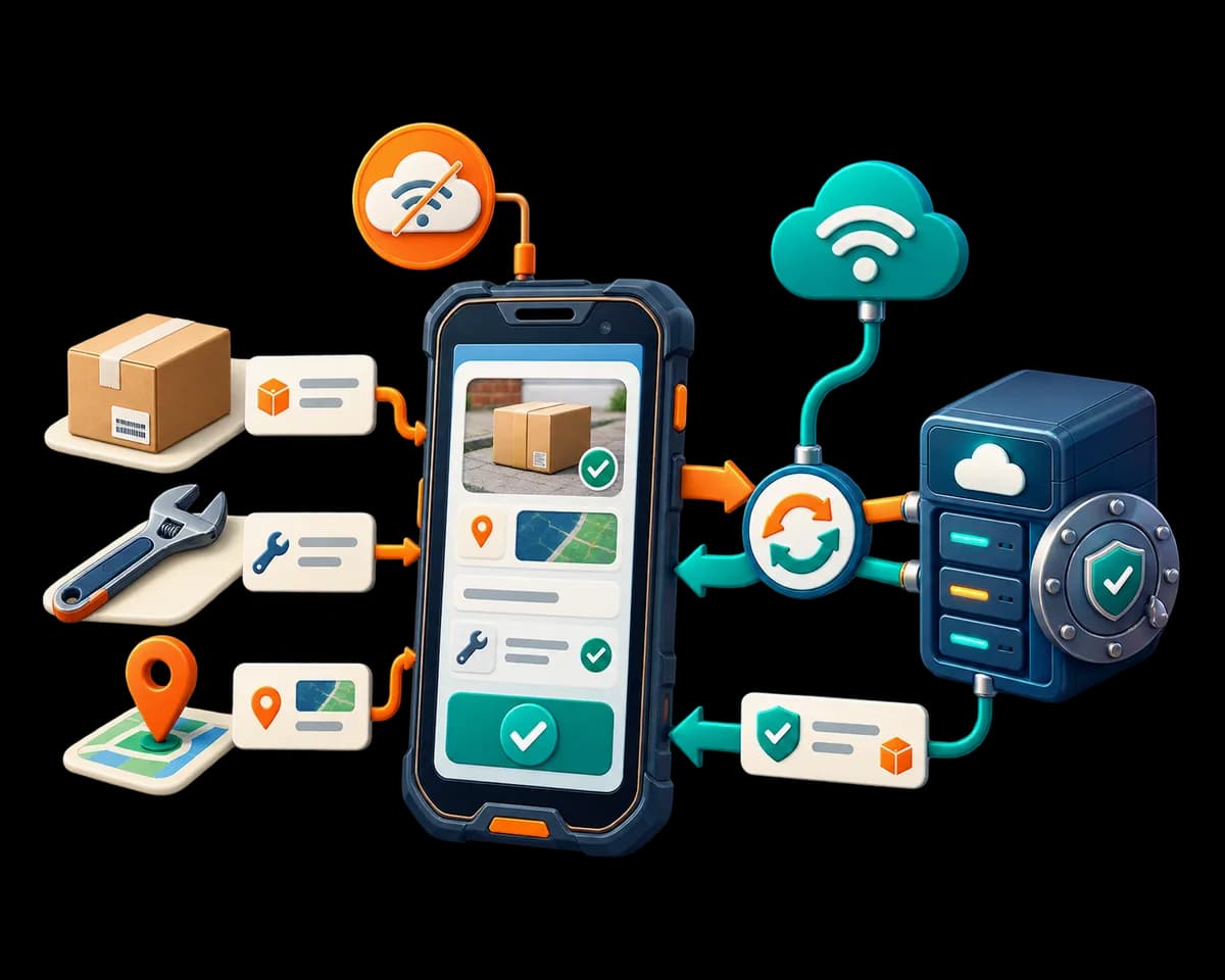 An illustration of a phone app used away from a desk, syncing back to the office system.