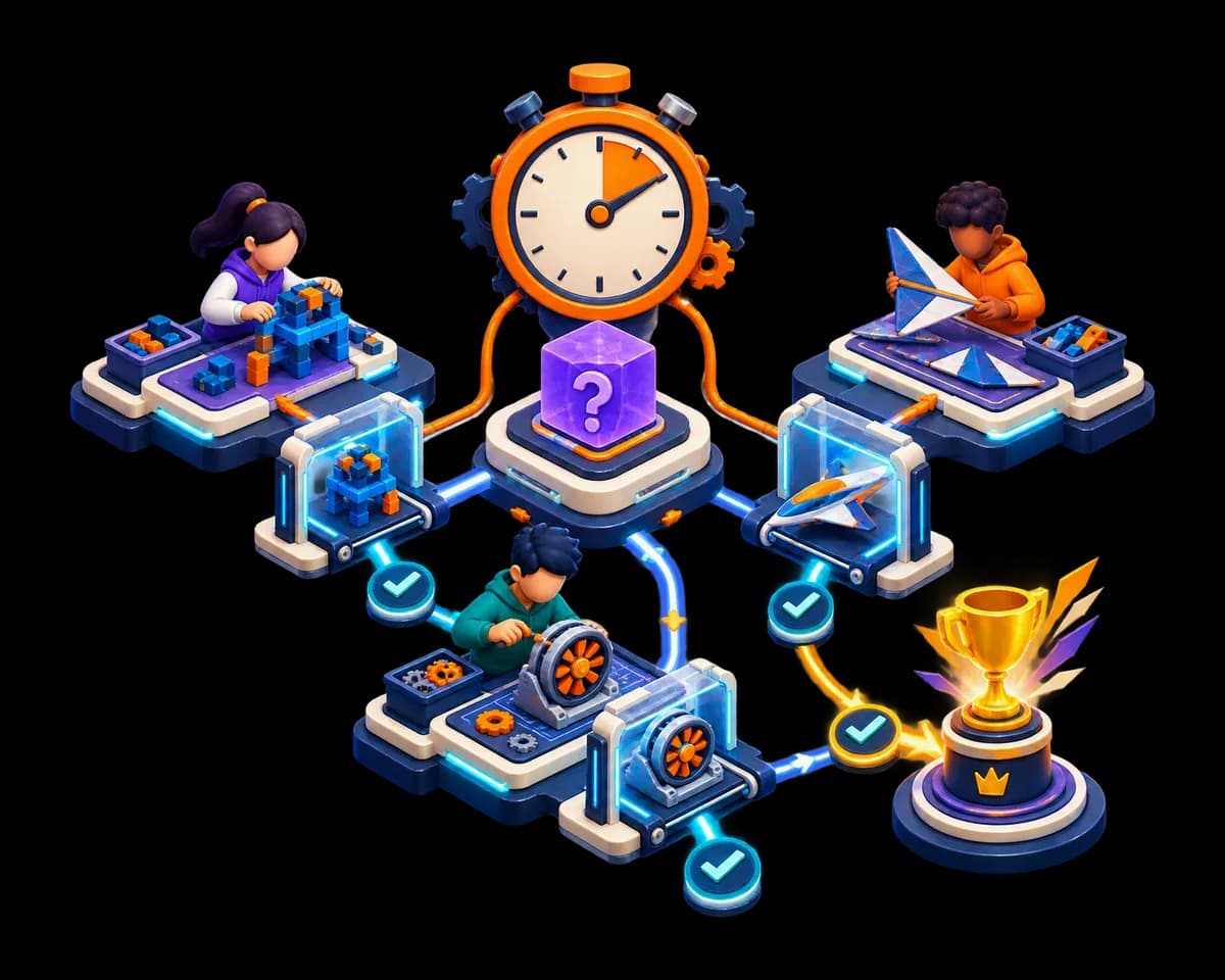 An illustration of competing builds being tested against the same checks.
