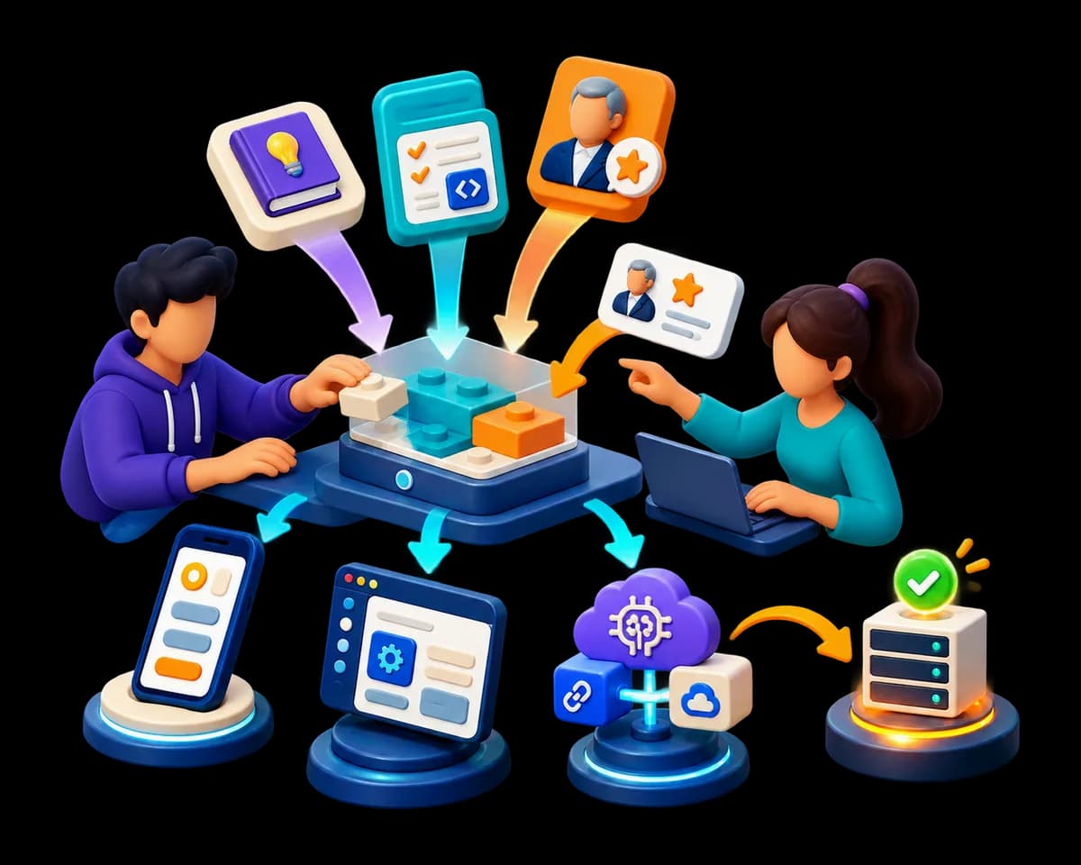 An illustration of a learner building real software rather than following a tutorial.